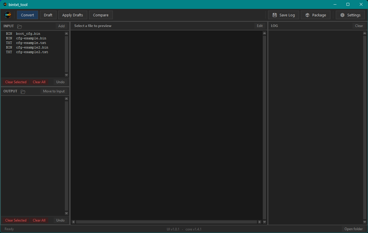 Main window — file list, hex preview, log panel