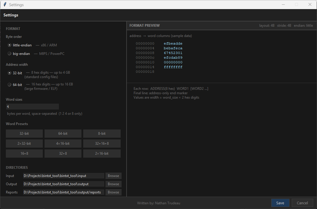 Settings — format config with live preview