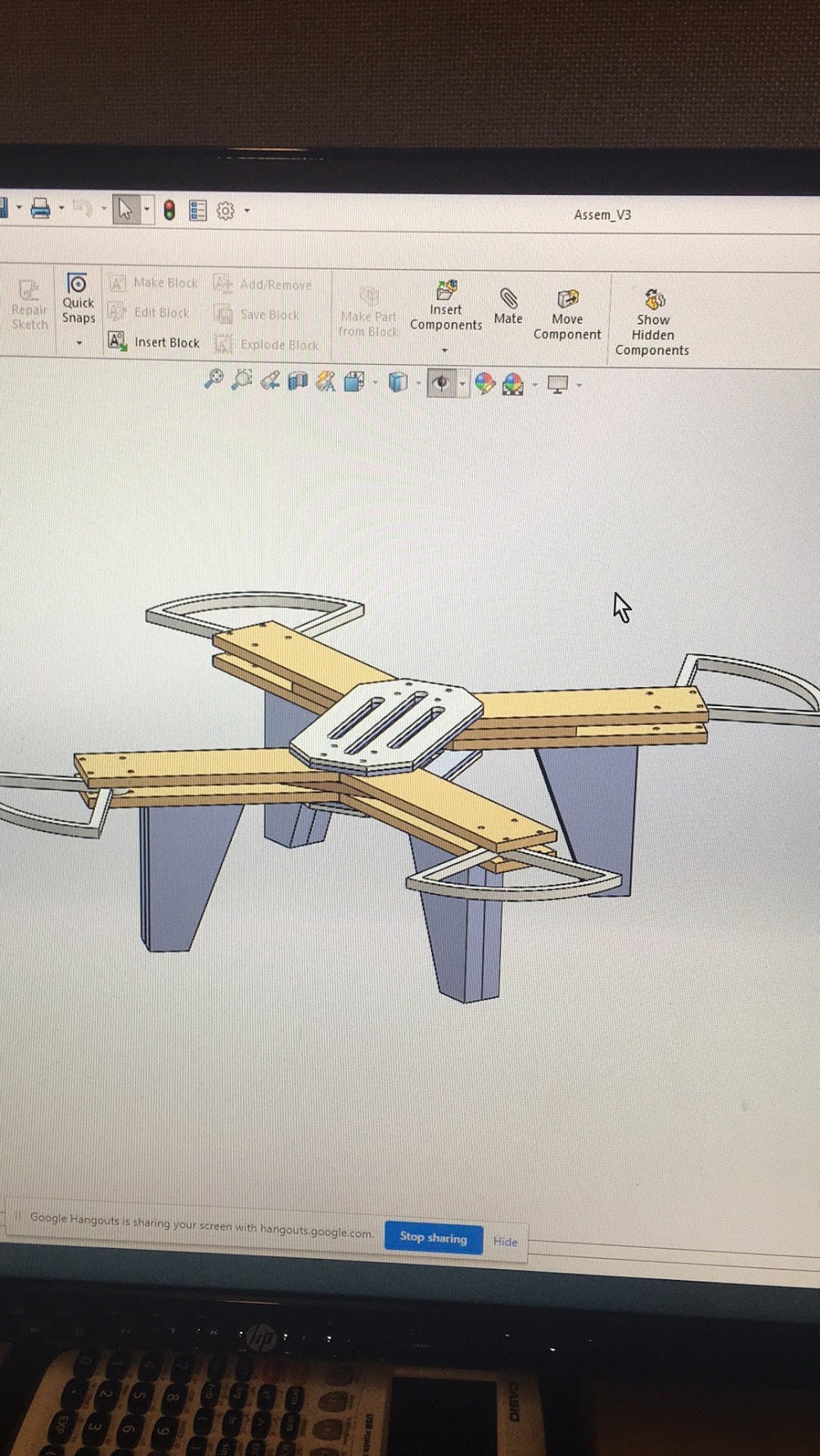 SolidWorks model — assembly v3 with wood and foam materials