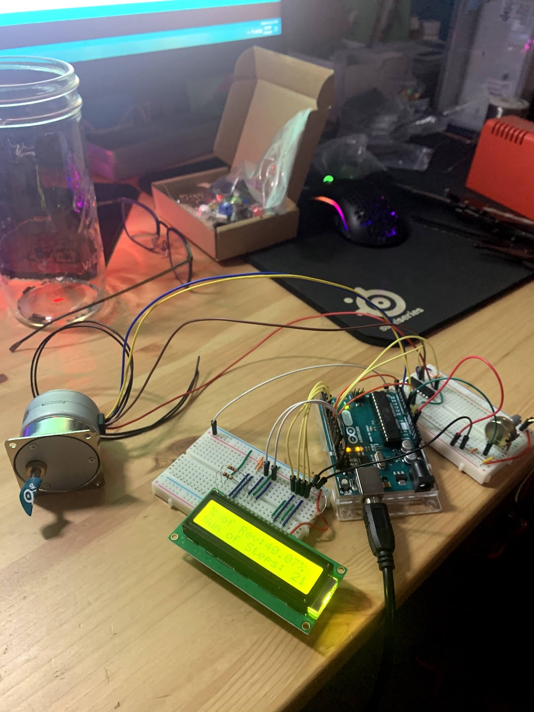 Home prototype — Arduino, stepper, LCD breadboard setup